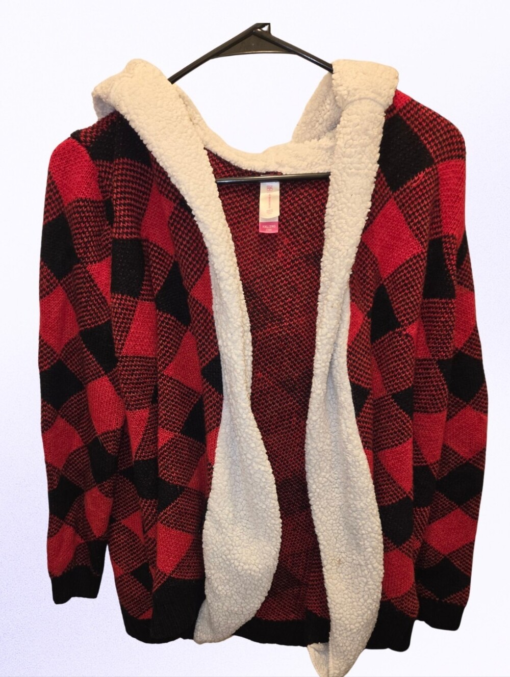 No Boundaries Red and Black Plaid Sherpa-Lined Hooded Cardigan